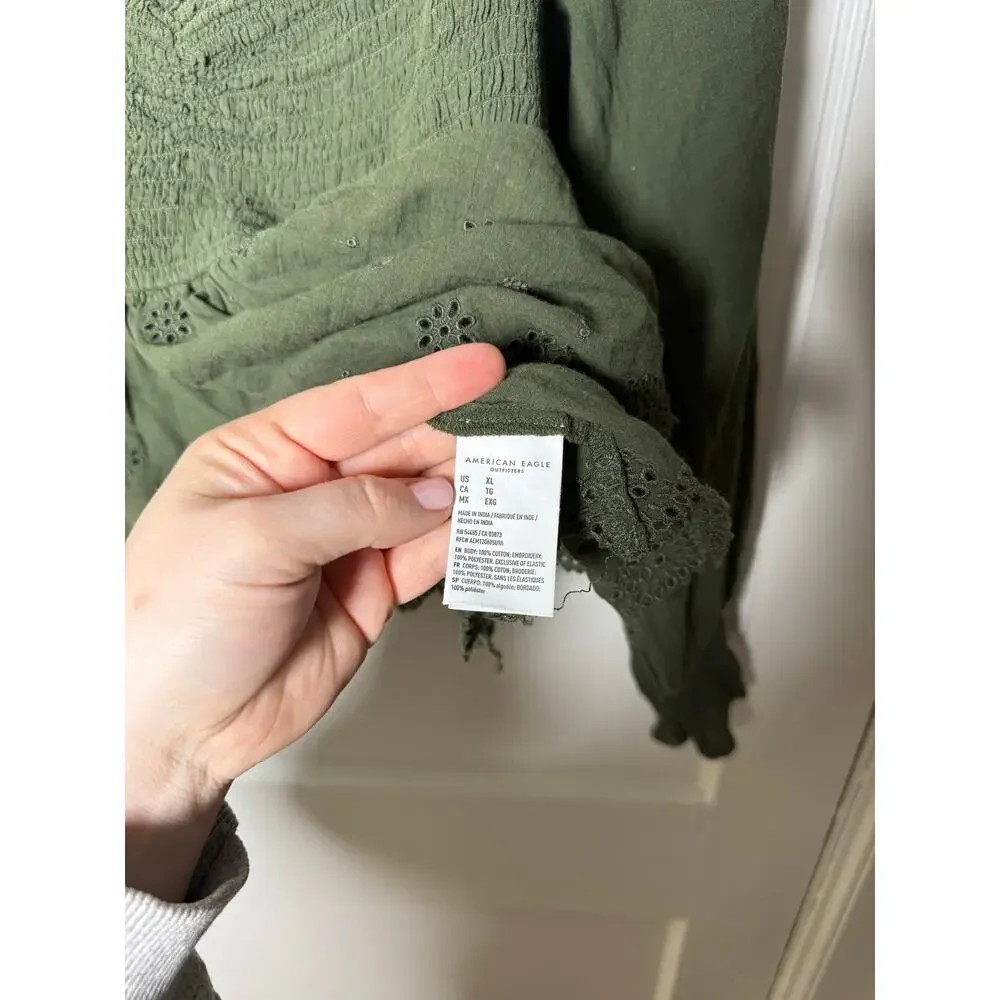 American Eagle Olive Green Smocked Boho Coastal Cowgirl Peplum Peasant Top XL - Picture 7 of 9